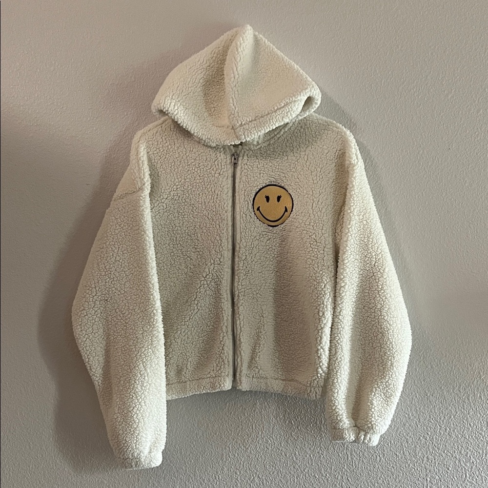 H&M Cream Teddy Zip Hoodie with Yellow Smiley Patch